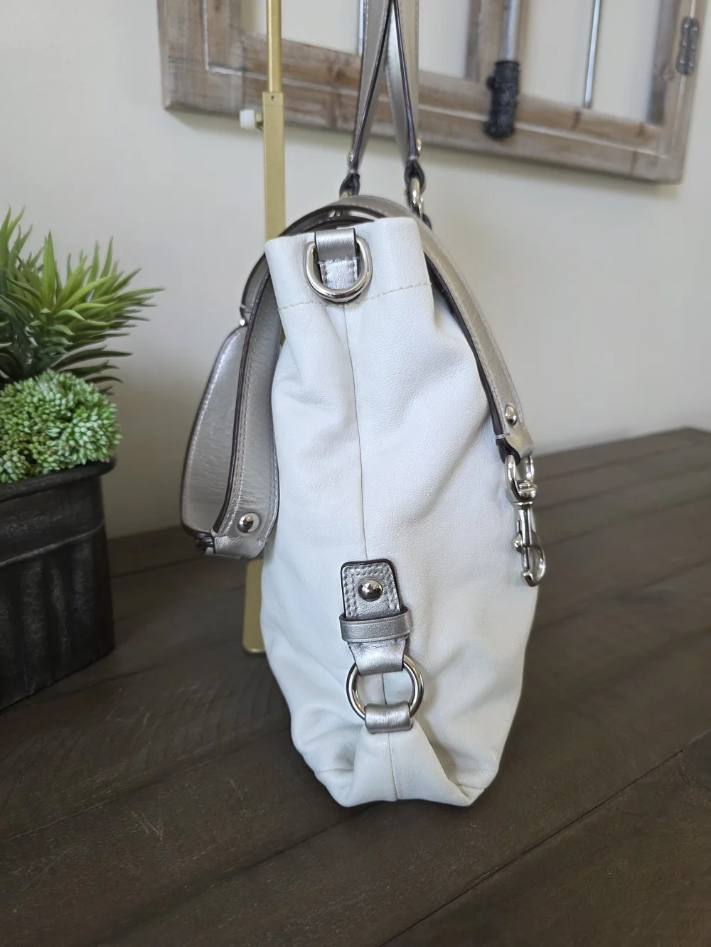 Coach White Leather Tote with Silver Accents